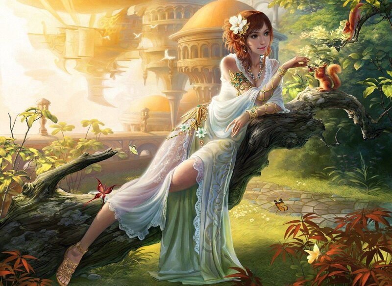 Woman with Squirrel — Green, Serene, Afternoon, Digital Art, Butterfly, Tree Branch