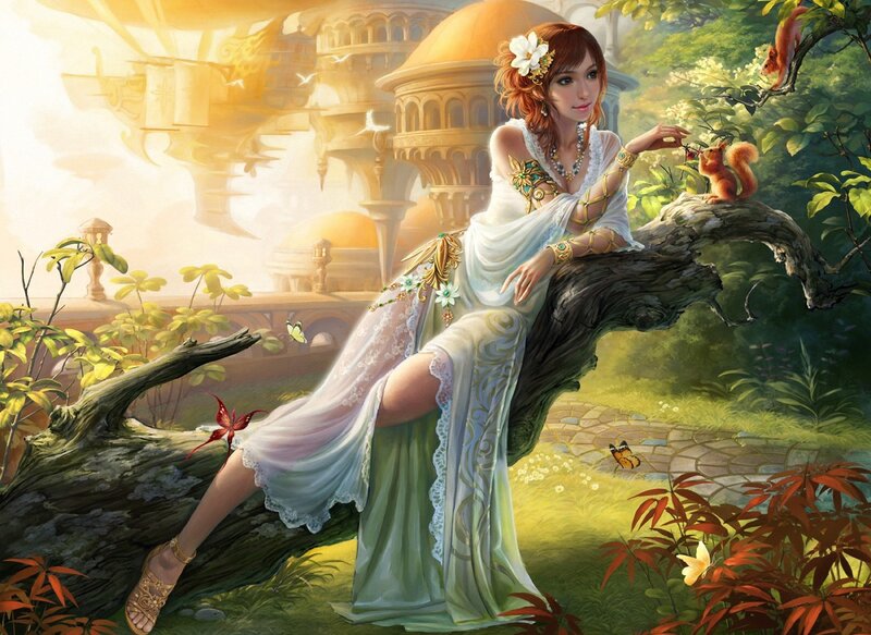 Woman with Squirrel — Green, Serene, Afternoon