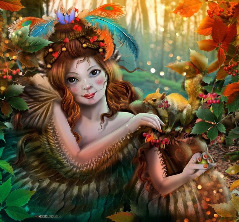 Woman with Squirrel — Green, Serene, Autumn