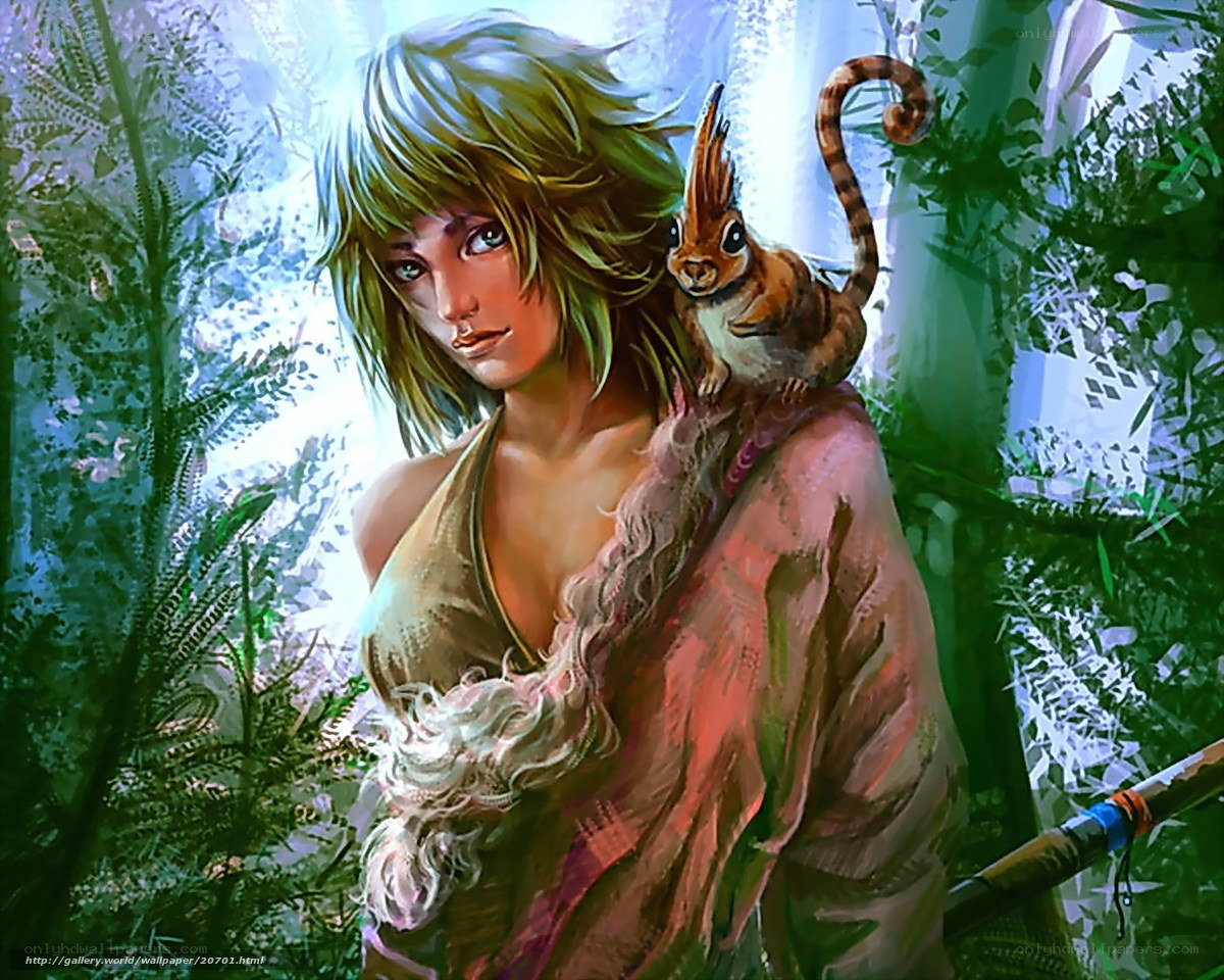 woman with squirrel in forest