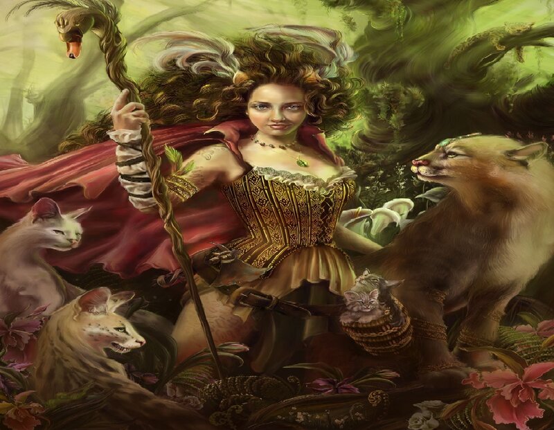 Woman with Staff and Animals — Green, Dramatic, Digital Art
