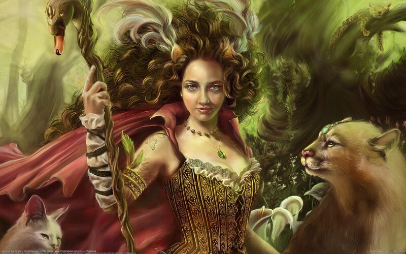 Woman with Staff and Animals — Green, Dramatic