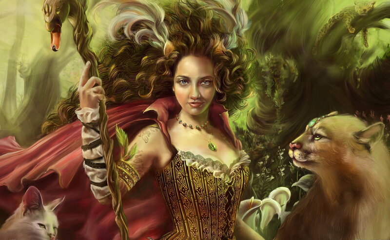 Woman with Staff and Animals — Green