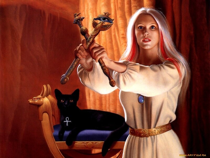 Woman with staff and black cat