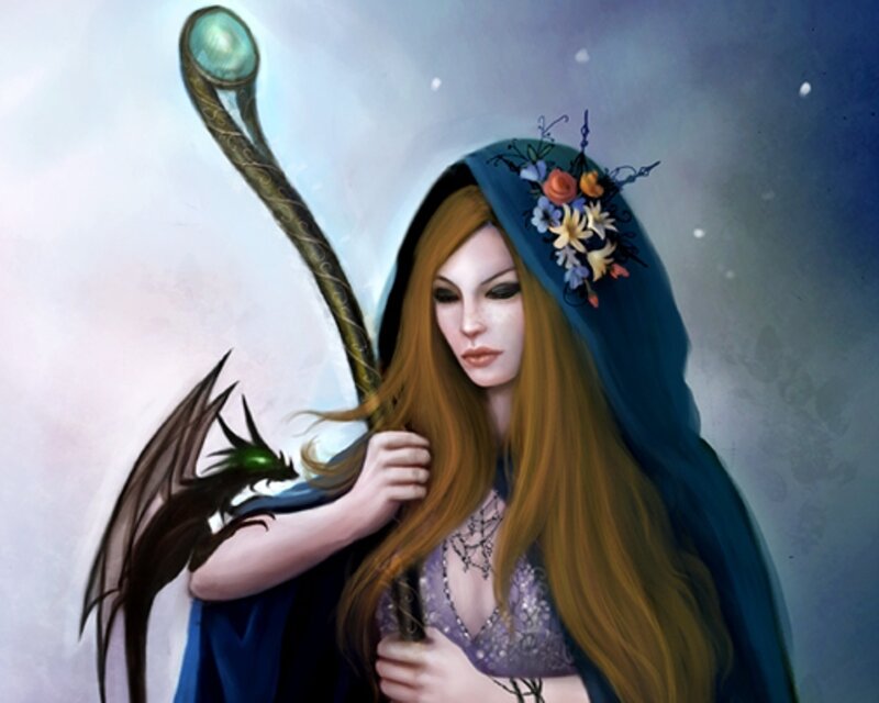 Woman with staff and dragon