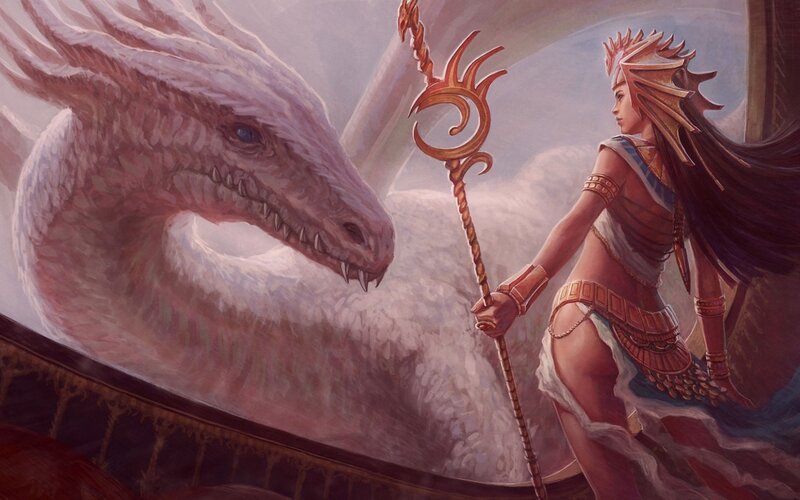Woman with Staff and Dragon — White