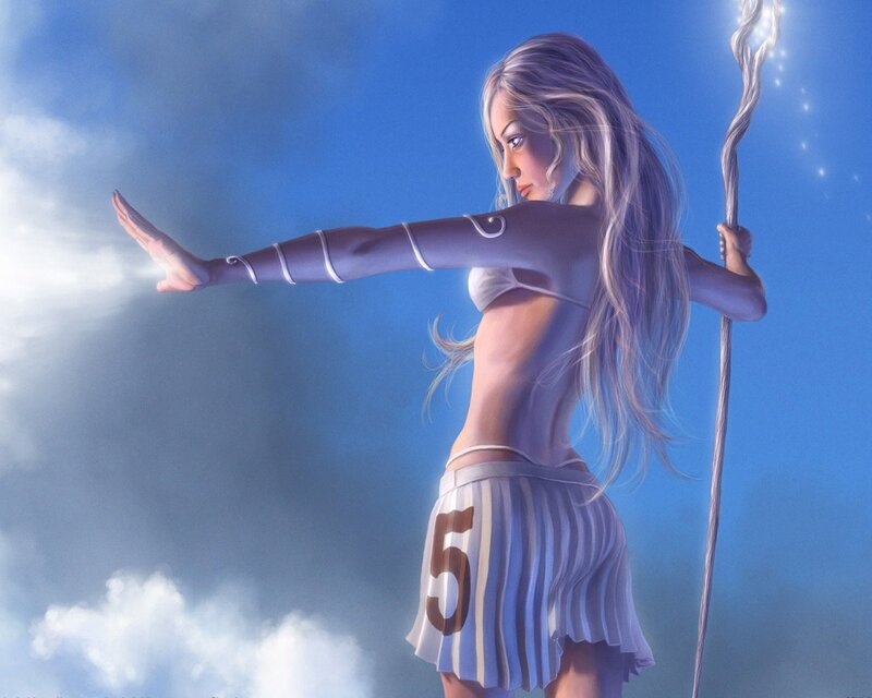 Woman with Staff and Number Five — Blue
