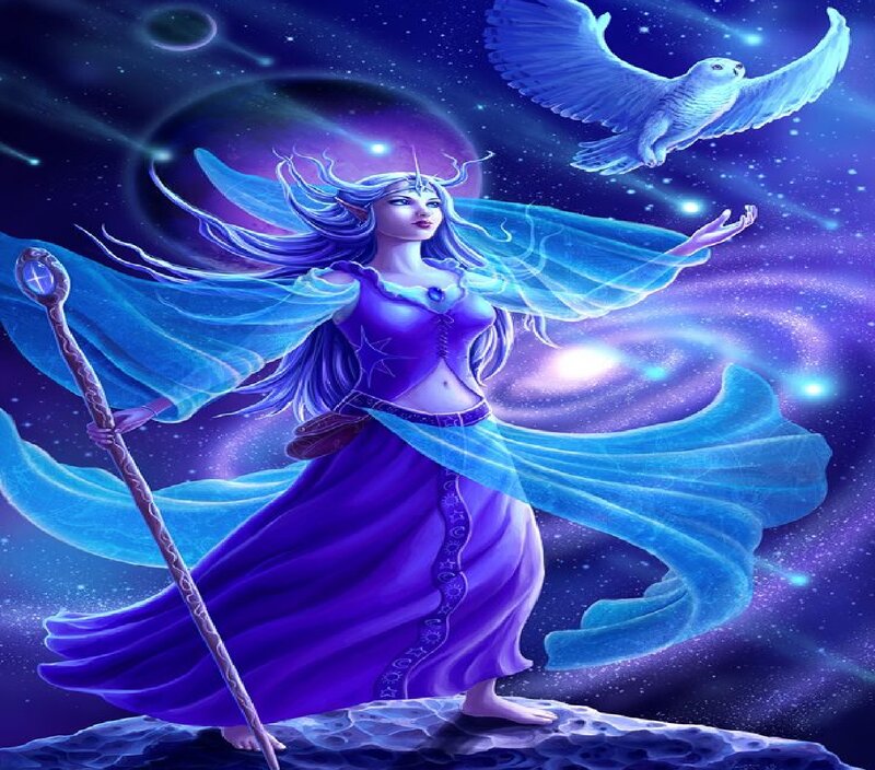 Woman with Staff and Owl