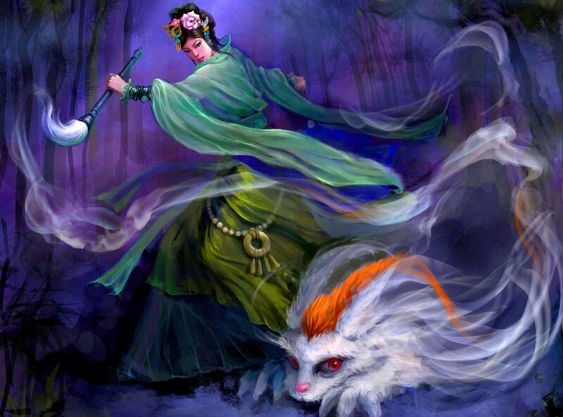 Woman with staff and white fox