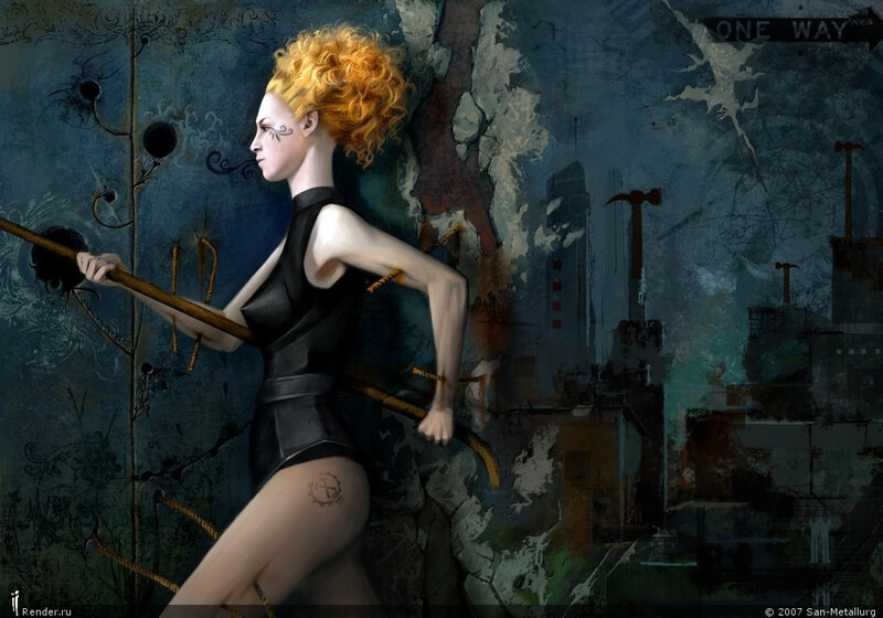 woman with staff in dark city