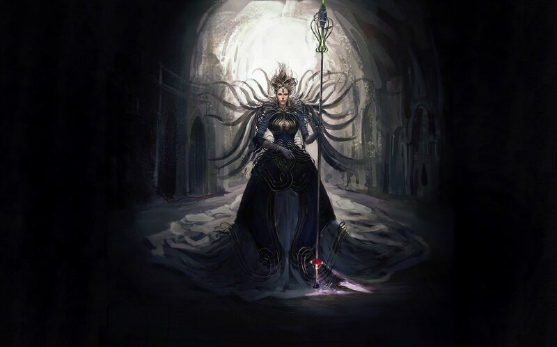 Woman with Staff in Dark Hall