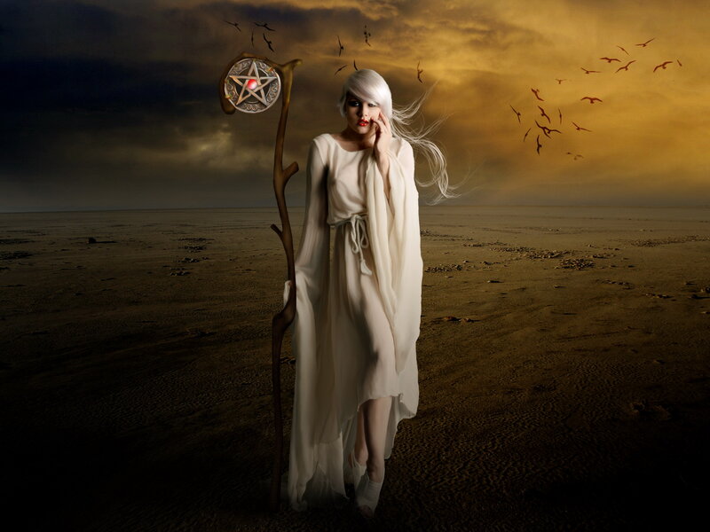 Woman with Staff in Desert — White