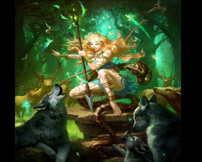Woman with Staff in Forest — Green