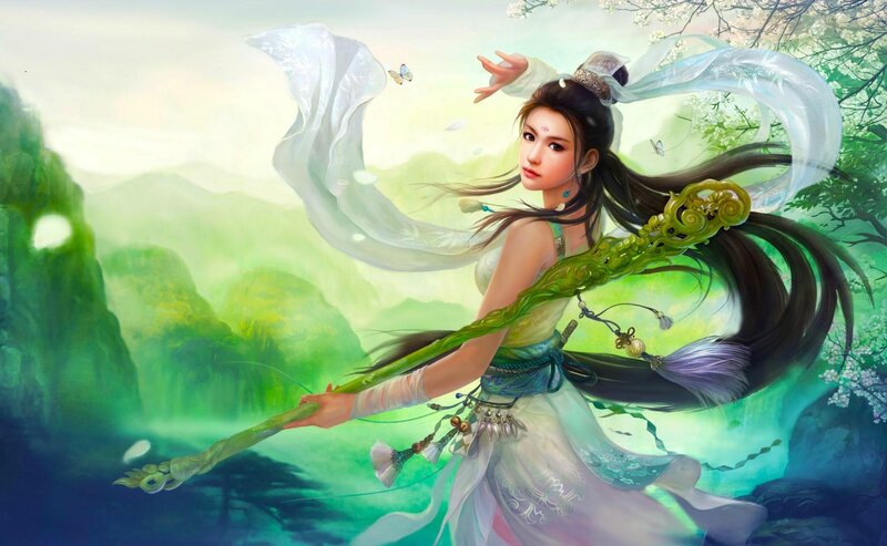 Woman with Staff in Green Landscape