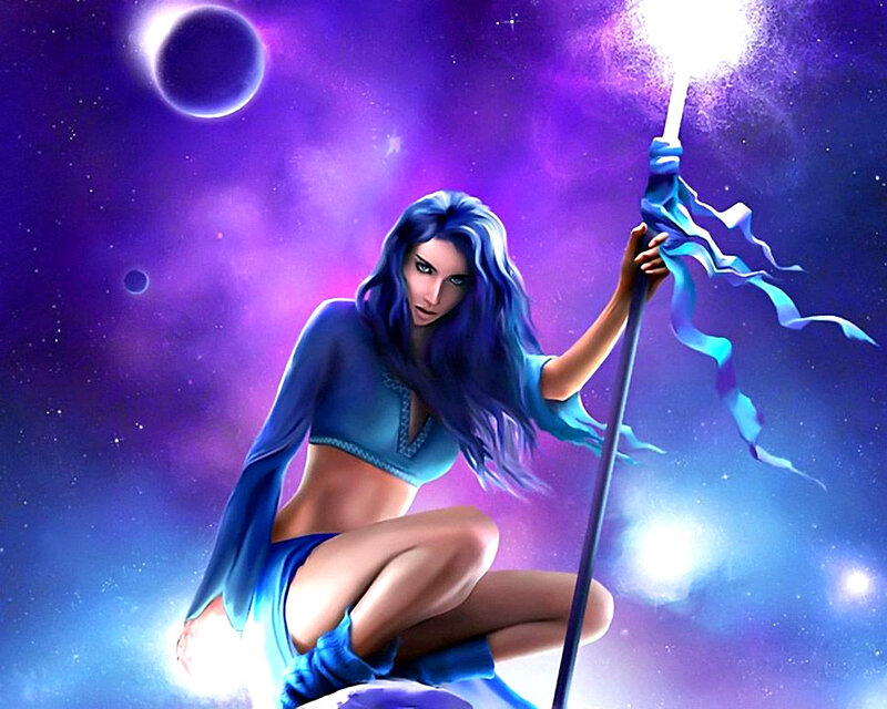 Woman with Staff in Space — Purple
