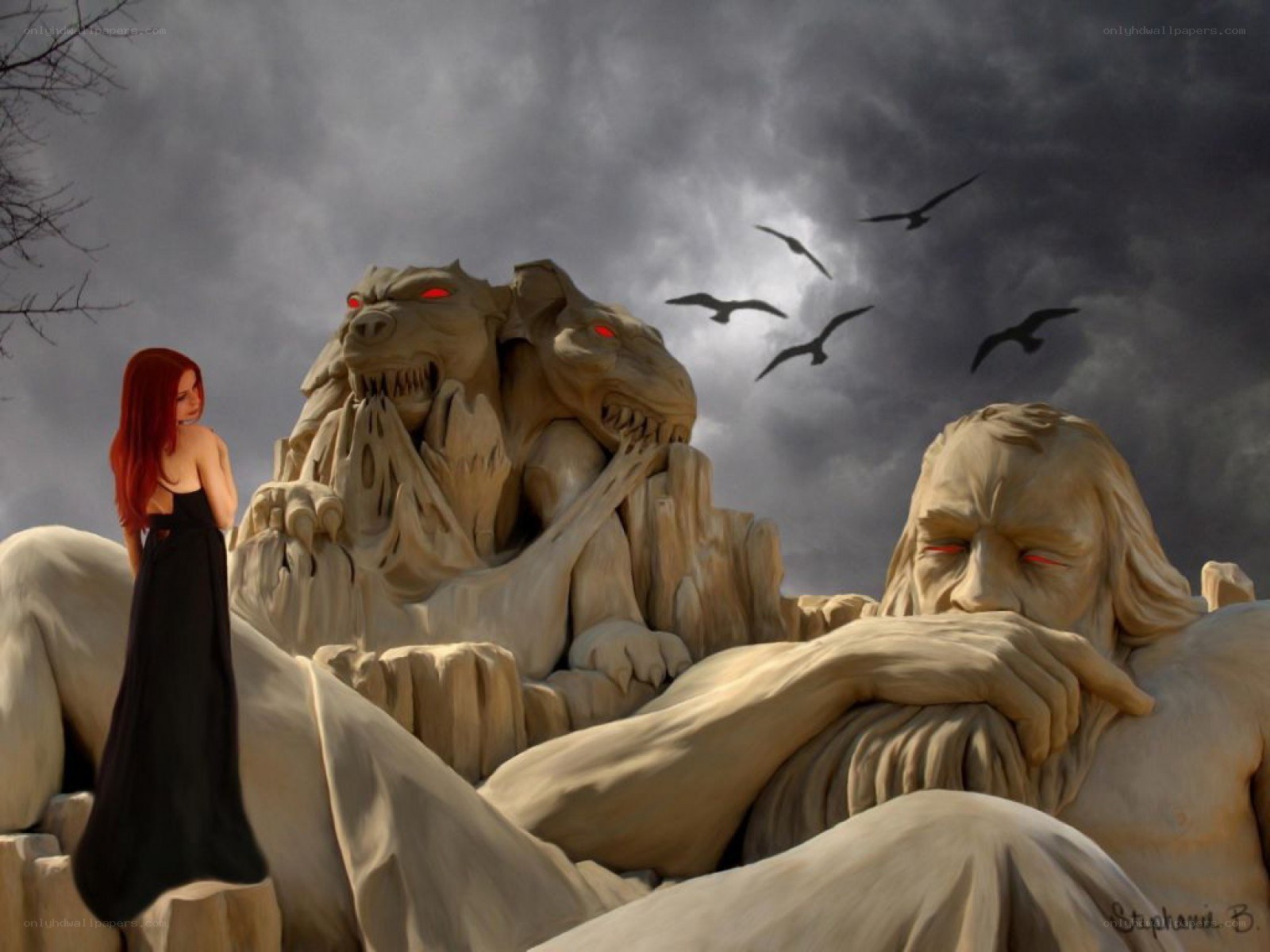 Woman with stone statues