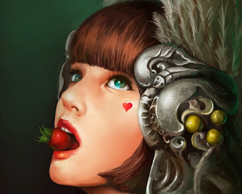 woman with strawberry and helmet