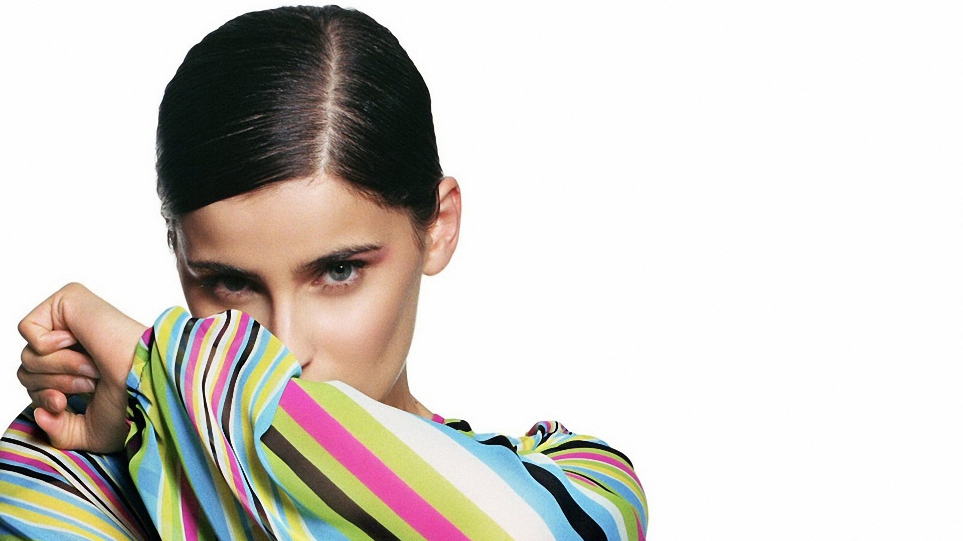 woman with striped fabric