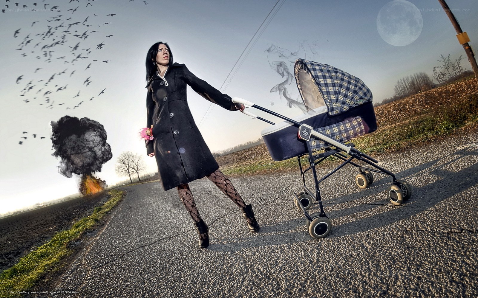 Woman with stroller on road