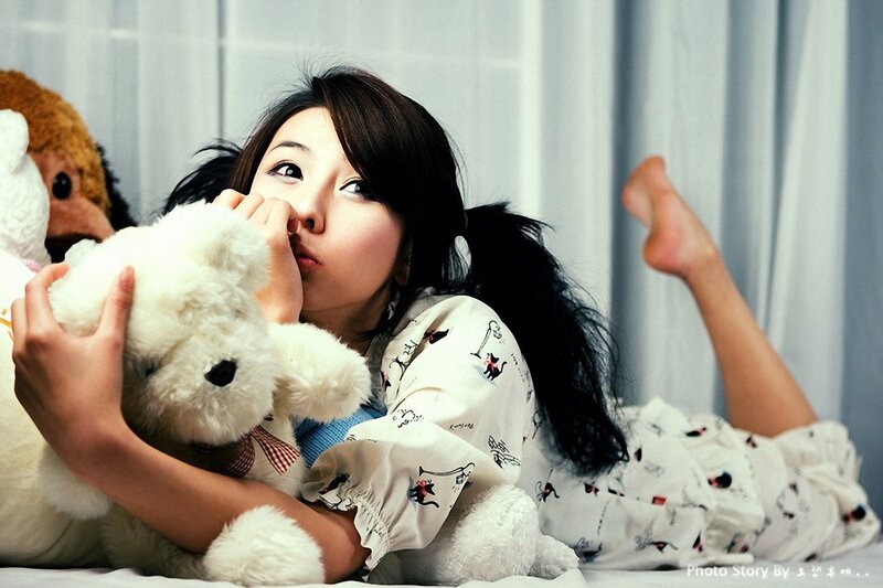 Woman with Stuffed Bear — White, Calm, Photograph