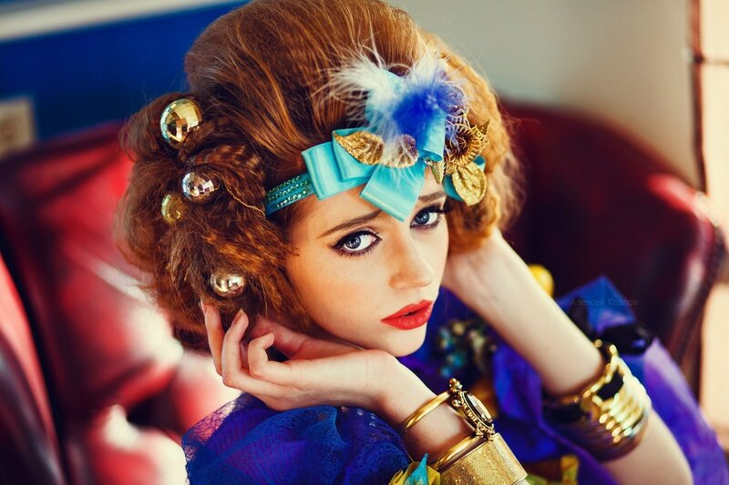 Woman with Styled Hair — Blue, Dramatic, Photograph