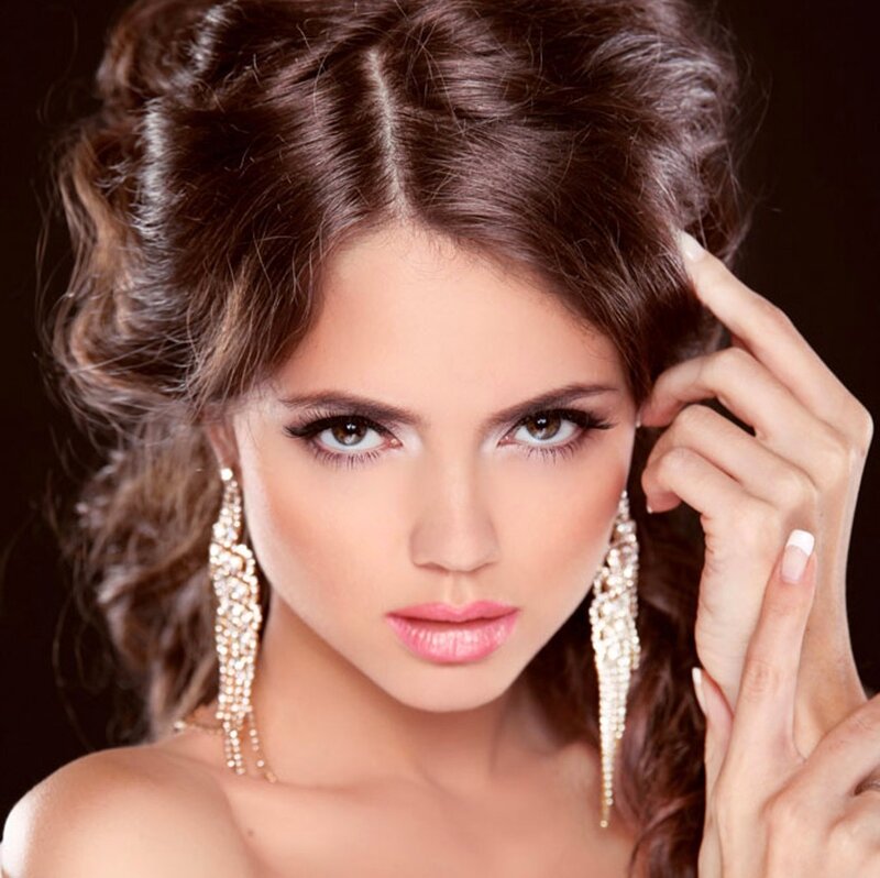 Woman with Styled Hair — Brown, Dramatic, Photograph, Earrings, Makeup