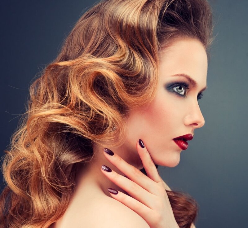 Woman with Styled Hair — Brown, Dramatic, Photograph, Makeup, Nails