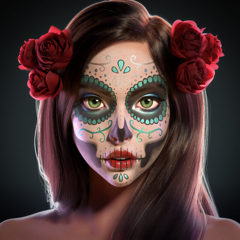 Woman with Sugar Skull Makeup — Black, Dramatic, 3d Render