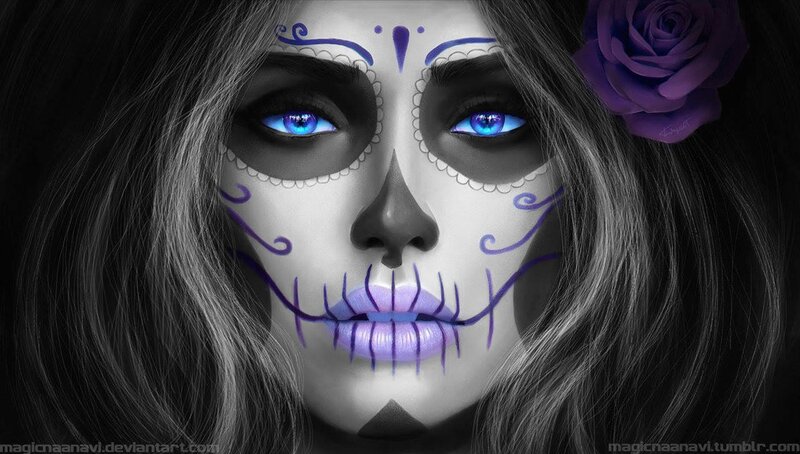 Woman with Sugar Skull Makeup — Black, Dramatic, Digital Art, Purple Rose