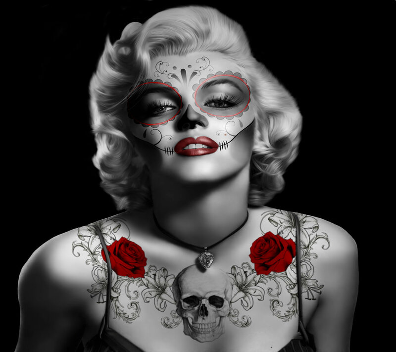 Woman with Sugar Skull Makeup — Black, Dramatic, Digital Art, Roses