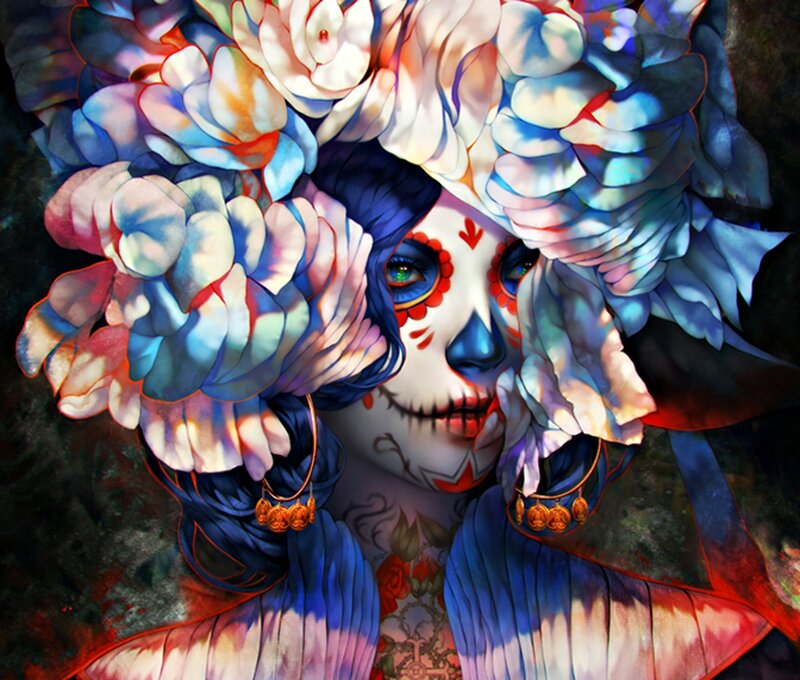 Woman with Sugar Skull Makeup — Blue, Dramatic, Digital Art