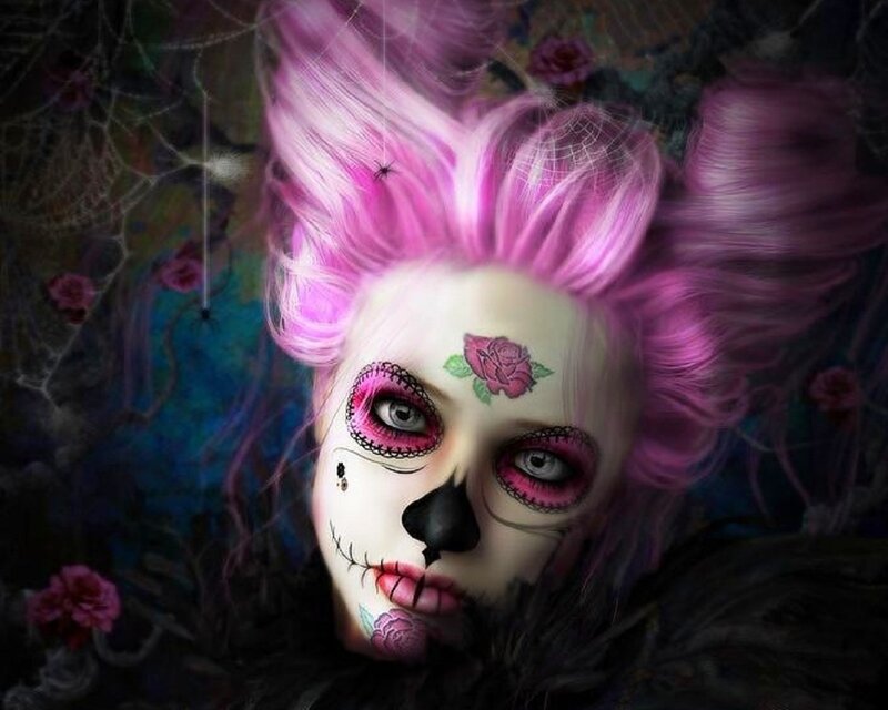 Woman with Sugar Skull Makeup — Pink, Dramatic, Digital Art