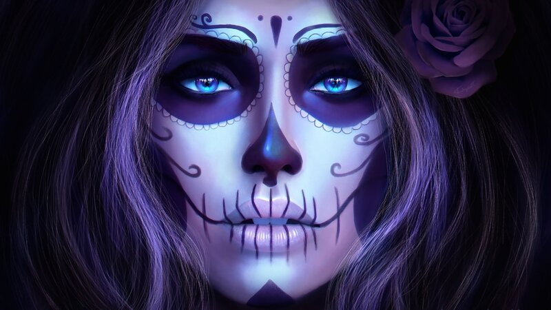 Woman with Sugar Skull Makeup — Purple, Dramatic, Night, Digital Art, Rose