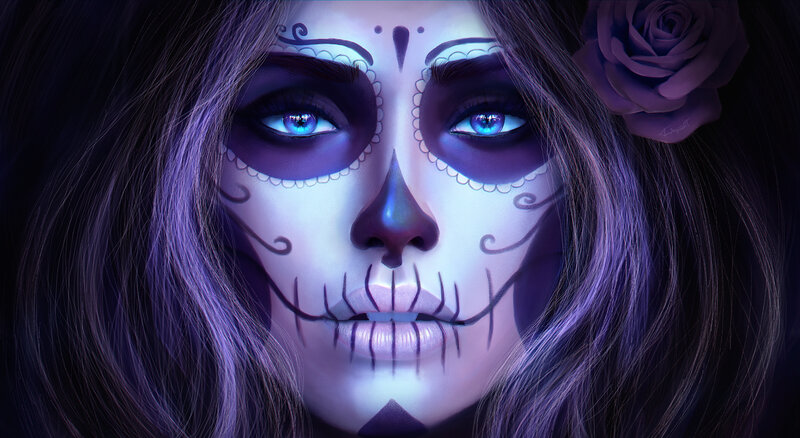 Woman with Sugar Skull Makeup — Purple, Dramatic, Night