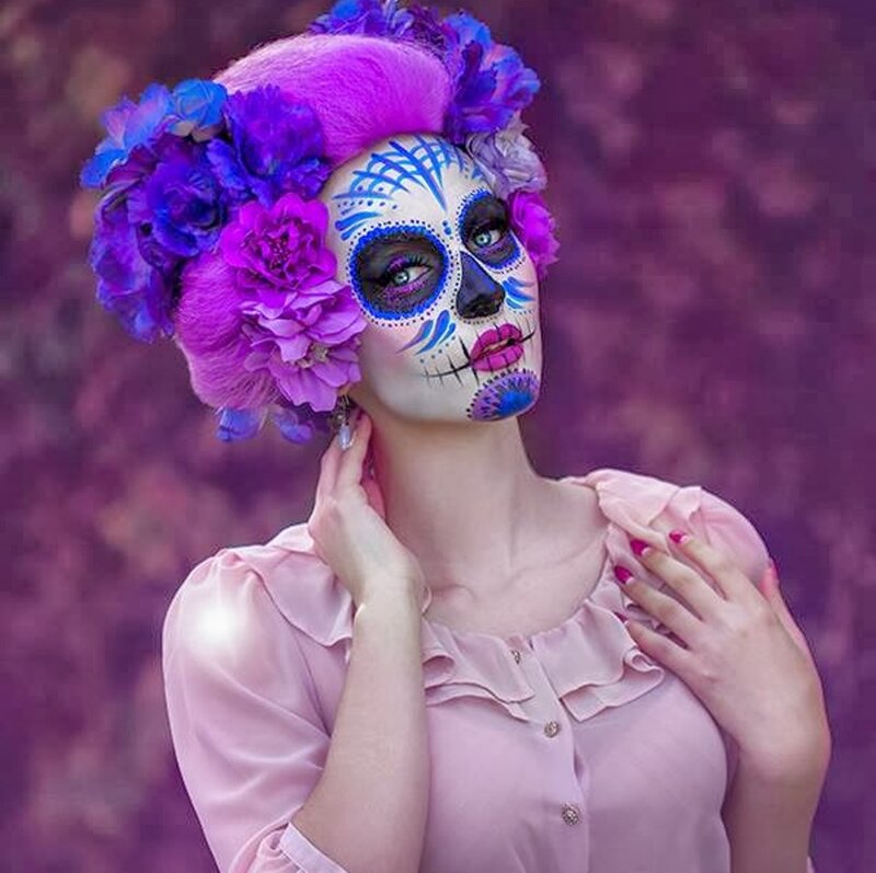 Woman with Sugar Skull Makeup — Purple, Dramatic, Photograph