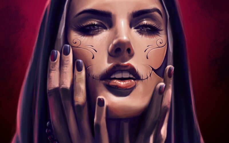 Woman with Sugar Skull Makeup — Red, Dramatic, Digital Art, Hands, Face Paint