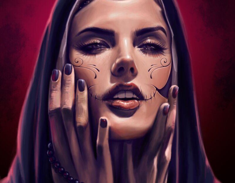 Woman with Sugar Skull Makeup — Red, Dramatic, Digital Art, Hands