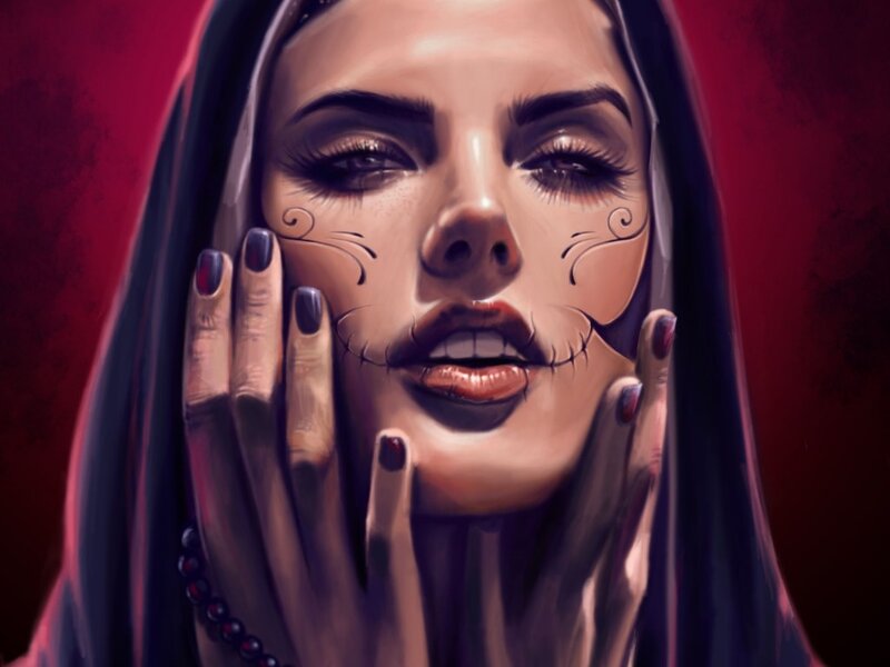 Woman with Sugar Skull Makeup — Red, Dramatic, Digital Art