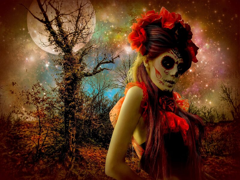 Woman with Sugar Skull Makeup — Red, Dramatic, Night