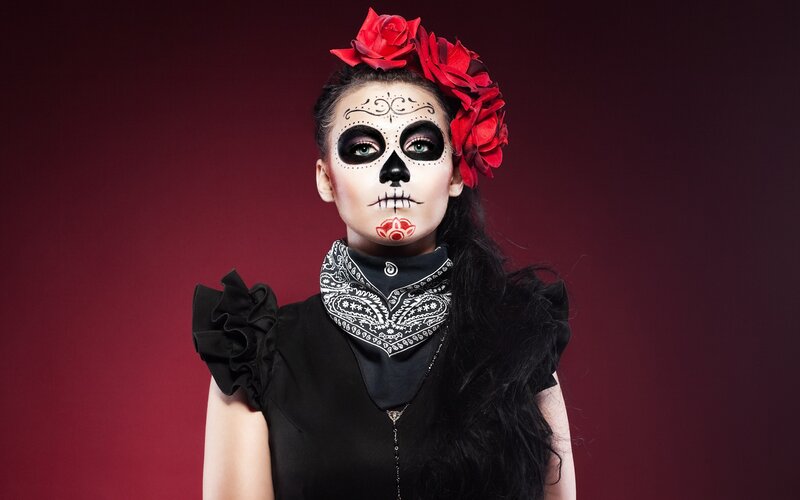 Woman with Sugar Skull Makeup — Red, Dramatic, Photograph