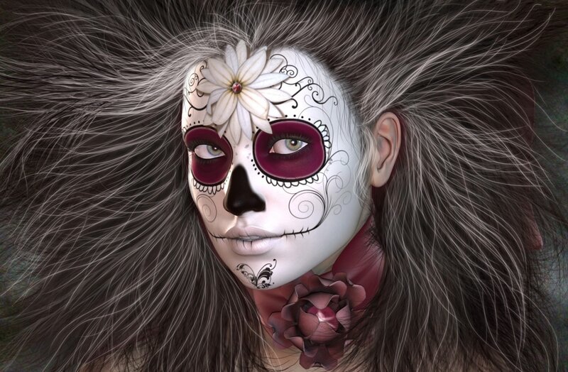 Woman with Sugar Skull Makeup — White, Dramatic, Digital Art, Flower