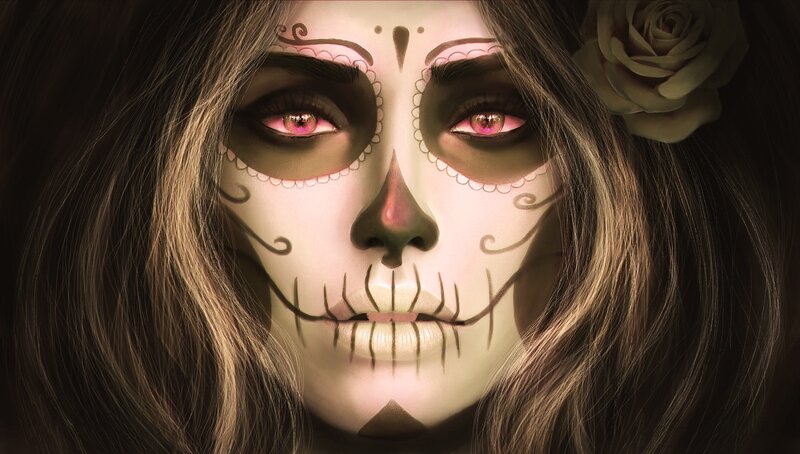 Woman with Sugar Skull Makeup — White, Dramatic, Digital Art, Rose, Hair