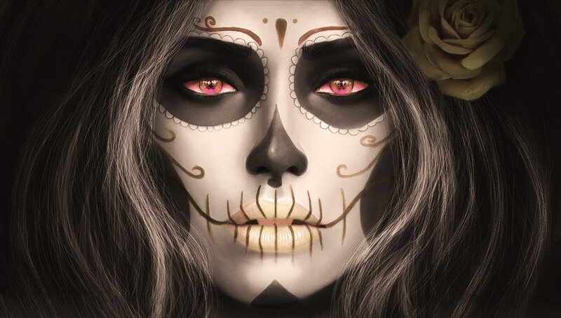 Woman with Sugar Skull Makeup — White, Dramatic, Digital Art, Rose