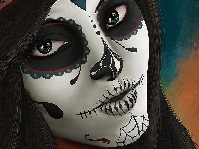 Woman with Sugar Skull Makeup — White, Dramatic, Digital Art