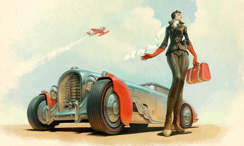 Woman with Suitcase and Car — Silver