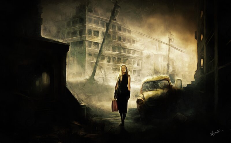 Woman with Suitcase — Black, Dramatic