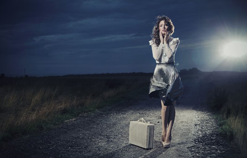 Woman with Suitcase — Blue, Dramatic, Night