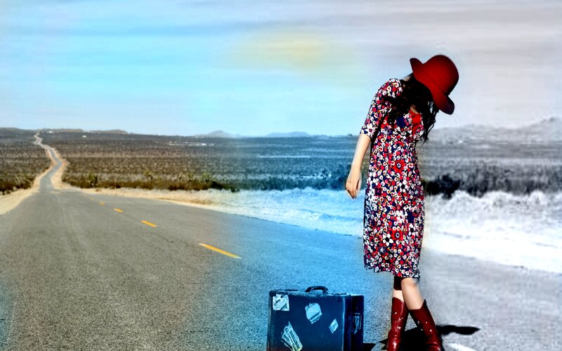 Woman with Suitcase — Blue, Dramatic