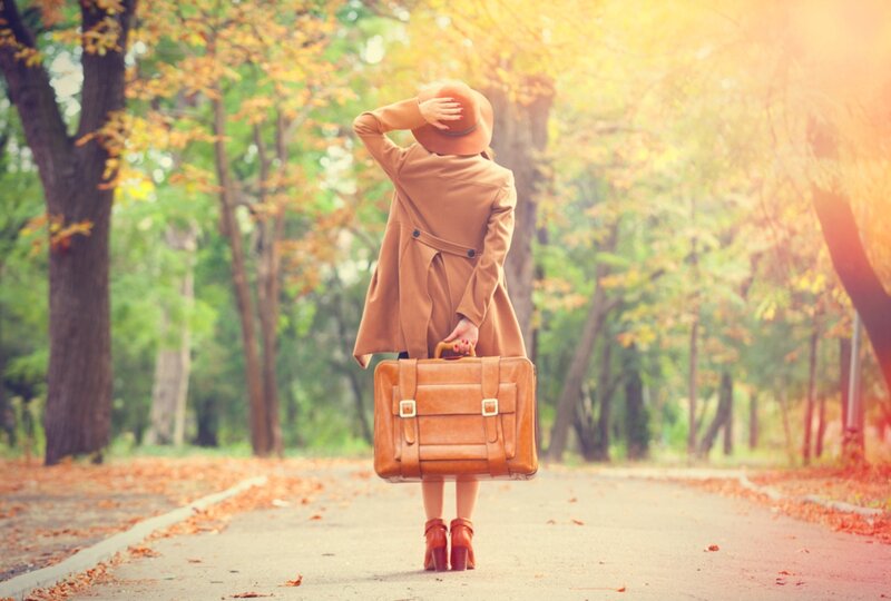 Woman with Suitcase — Brown, Serene, Autumn, Photograph