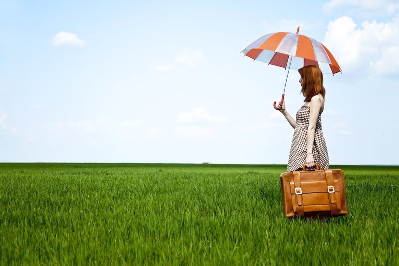 Woman with Suitcase — Green, Serene